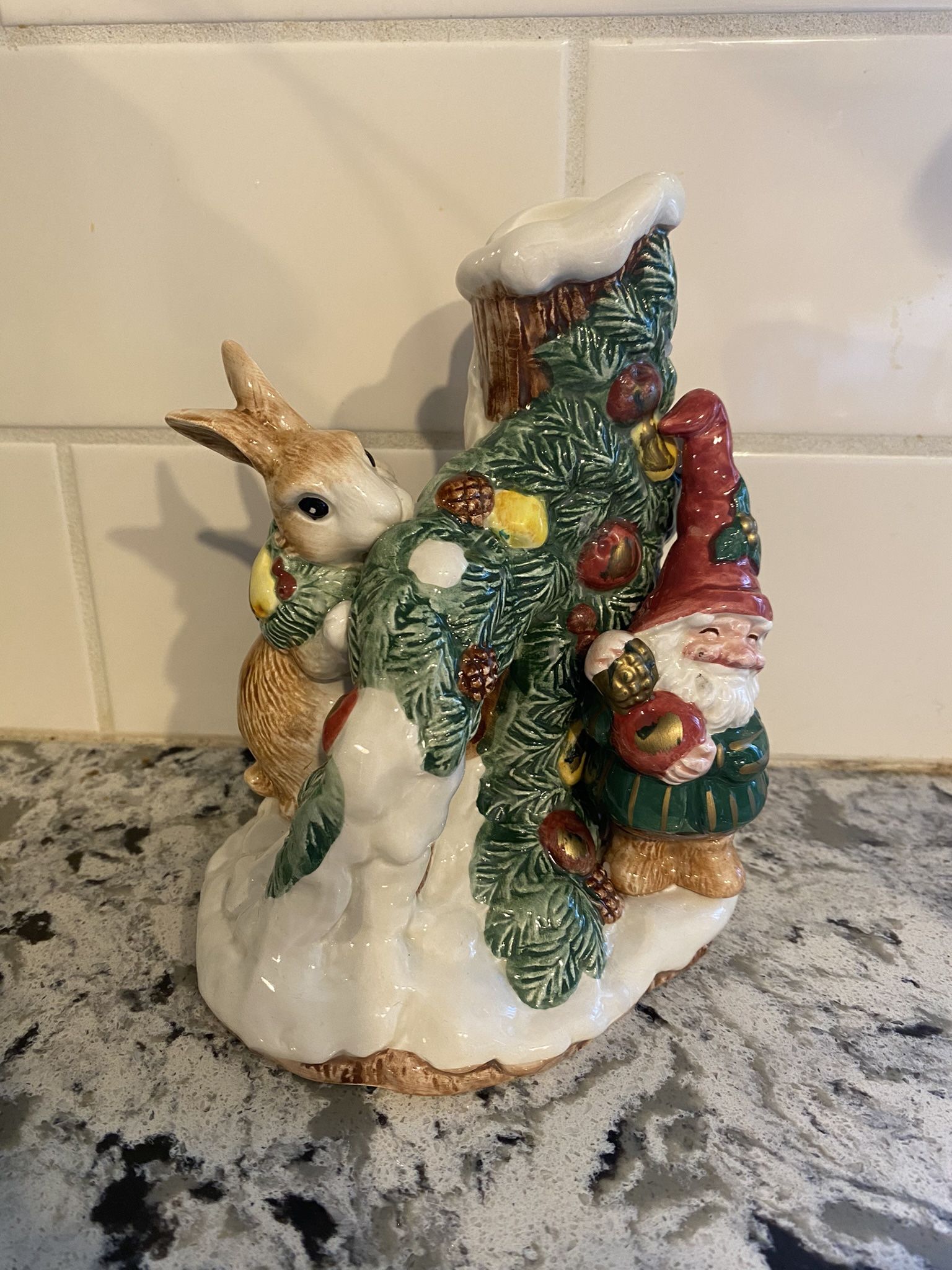 Woodland, fitz and floyd candle holder. Rabbit and gnome elf 1991.
