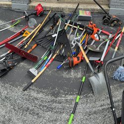Huge Garden Tool Lot – Power Tools + Spreaders + Rakes + Shovels