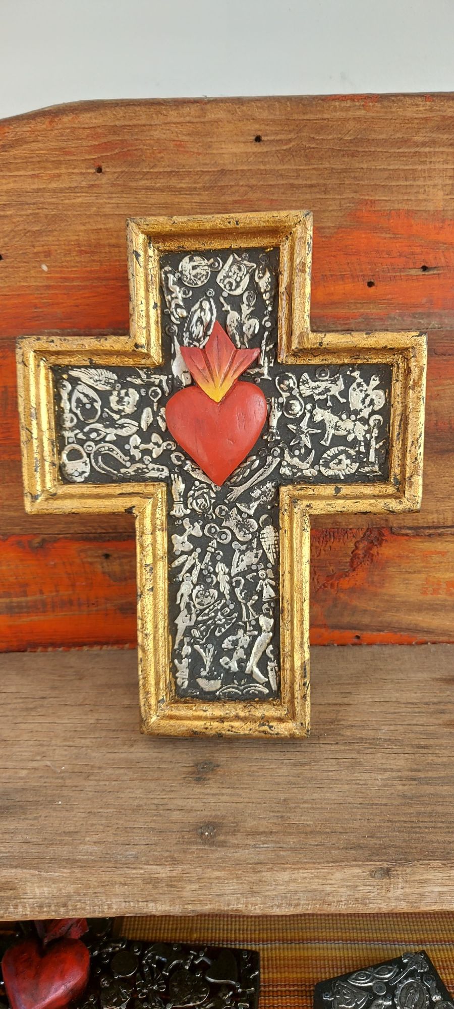 Mexican Milagros Cross with gold leaf