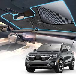 Protective car windshield sunshade with an umbrella-style folding mechanism. This black and silver shade has a UPF 100+ rating for UV blocking and uti