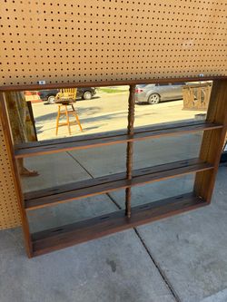Antique Wooden Wall-Mount Display Shelf with Mirror