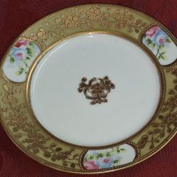 Antique NIPPON Morimura Brothers Hand Painted Blue Pink Roses Floral Plate Gold Encrusted From Early 1900's G4D055