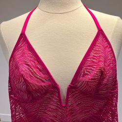 Like NEW Victoria's Secret Fuchsia Pink Lace Sheer Bodysuit Teddy lingerie VS