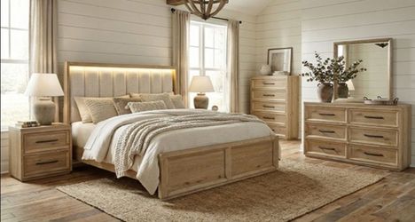 Brand New Natural Tone & Grey 4pc Queen Bedroom Set (Available in Eastern King)