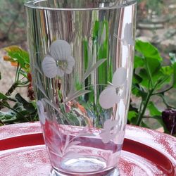 Etched thick glass w flowers n butterflies 6.5" tall vase