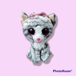 TY Beanie boo Kiki Gray & White Cat Pink Glitter Eyes & Bow 6’’ Plush