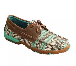 Twisted X Womens Driving Mocs Aztec Canvas Leather Boat Shoes Size 8M WDM0133