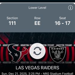 Texans Vs Raiders NRG Stadium 2 Field Level Tickets W/Parking Pass