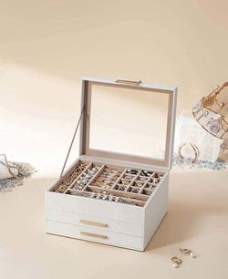 Jewelry Box with Glass Lid, 3-Layer Jewelry Storage Organizer with 2 Drawers