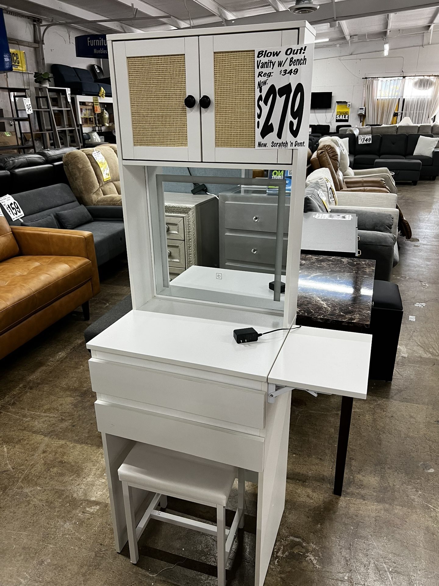 NEW Space Saving Vanity Set with Bench (Reg. $349). ASSEMBLED FREE!!