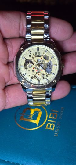 BiBi Two-Tone Skeleton Automatic Watch,Gold Dial Gold Case Two Tone Band.