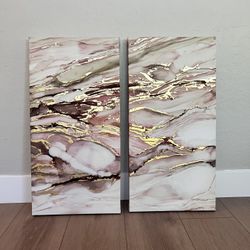 32x32 TWO Piece Gold/Pink/White Textured Abstract Artwork Canvas Wall Art