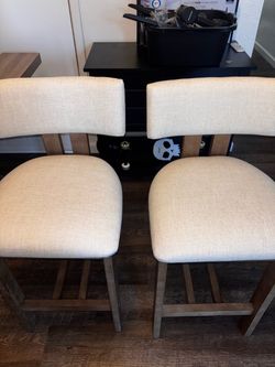 Set of 2 Counter Height Bar Stools, 26" Beige Linen Upholstered Bar Stools with Back, Natural Wood Frame Farmhouse Kitchen Stools with Footrest for Is
