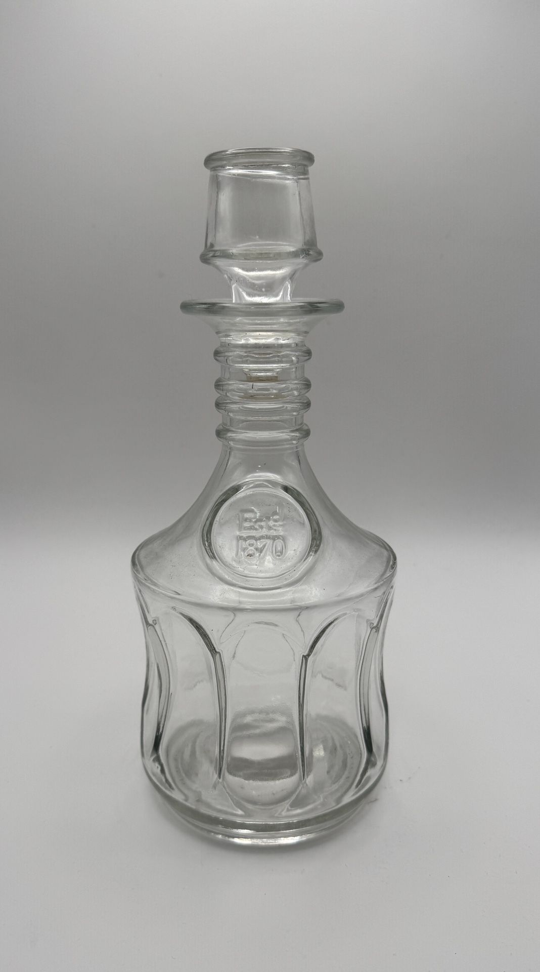 Vintage Glass Liquor Decanter with Stopper, “Estd 1870” on Bottle