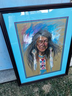 Framed Native American Portrait Pastel Drawing