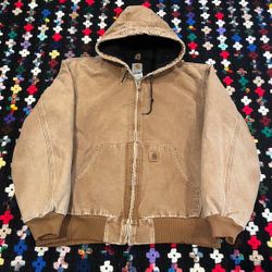 Vintage Carhartt Hooded Canvas Workwear jacket Tan/Brown in a XL