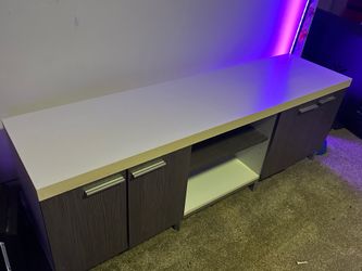 Modern Dark Wood TV Stand with Storage Cabinets & Open Shelving