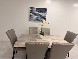 Marble Dining Table with 6 Gray Leather Chairs