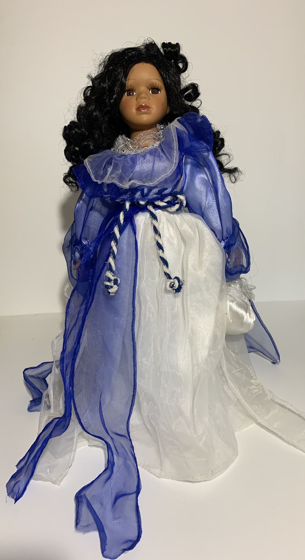Vintage Porcelain Doll In Elegant White And Blue Gown
