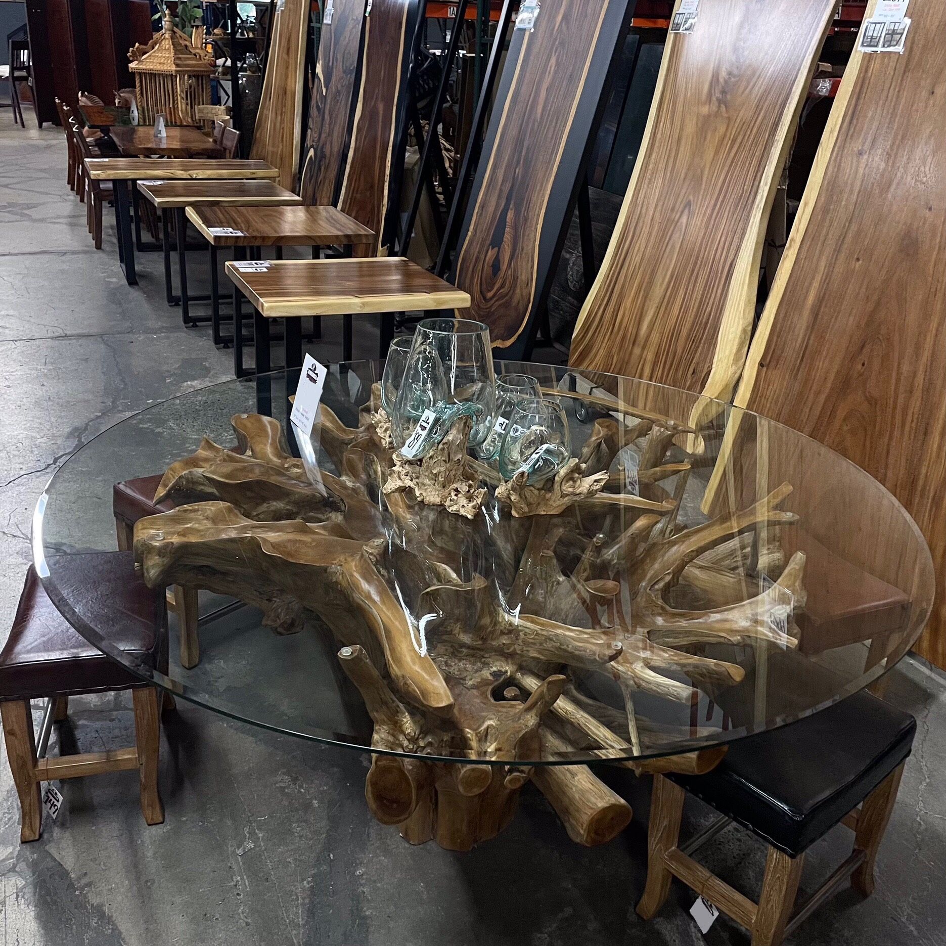 Teak Root Round Dining Table With Glass