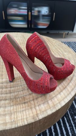 Red jeweled peep toe heels