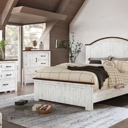 Brand New Transitional Distressed White, Walnut Plank Design 5pc Cal. King Bedroom Set