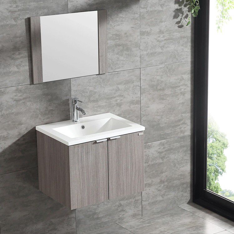 
24 Inch Wall Mount Bathroom Vanity Single Wood Cabinet with Undermount Sink Basin
