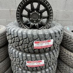 SET LT 285/70/17 MUD TERRAIN TIRES AND NEW RIMS 17” 6X139.7