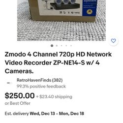 Zmodo 720P Security 4 Channel Recorder  and 4 cameras