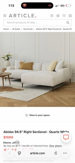 *FREE DELIVERY* Article Abisko 94.5" Quartz White Sectional Sofa | Designer | Retail $1,500+