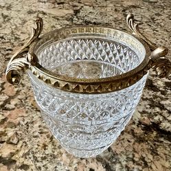 Vintage mid-century heavy Crystal ice bucket with Golden Metal trim and handles