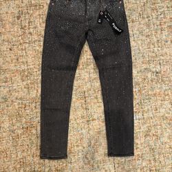 Rhinestoned Grayish Black Purple Jeans 