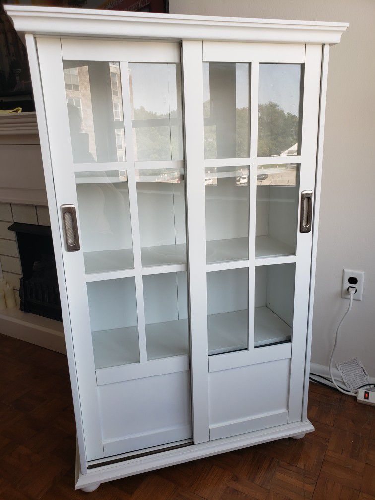 White Storage Cabinet With Glass Sliding Doors 