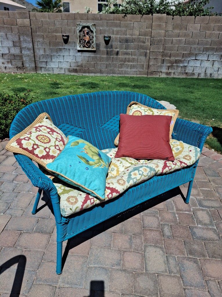 Turquoise Rattan Loveseat