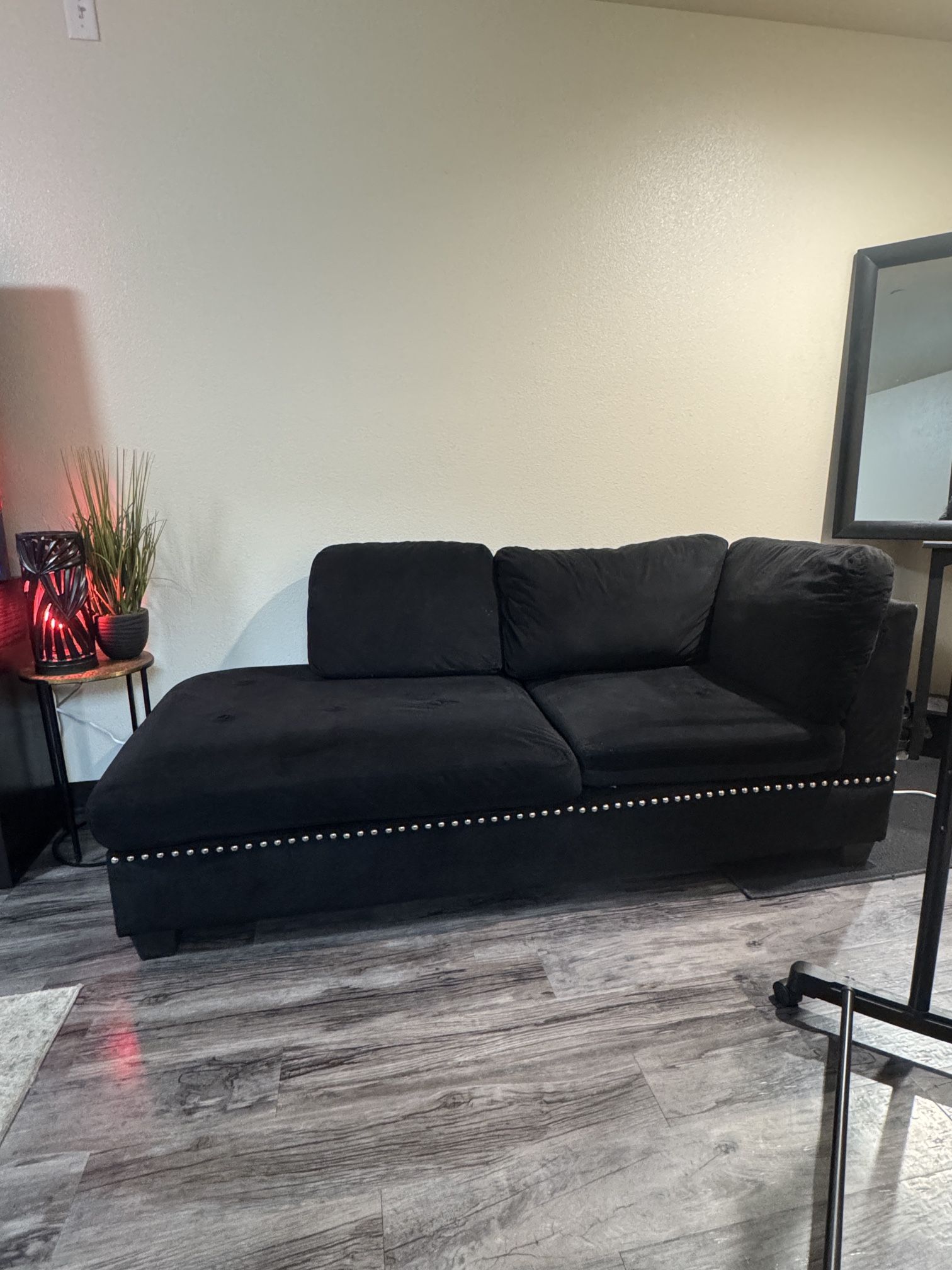Black Chaise Lounge Sofa with Studded Accents