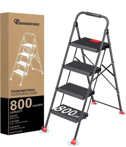 Step Ladder Foldable Folding Stool - for Home Adults Kitchen 4 Stepping Extension Tall Heavy Duty with Handrails - Closet Stepstool Stair Ladders Exte