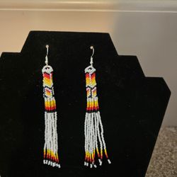 Handmade Beaded Silver/white Extra Long Natve Earrings 