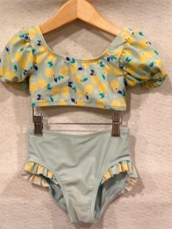 Cat & Jack Lemon Print Puff Sleeve Bikini Set Blue Yellow Two Piece xs 4/5