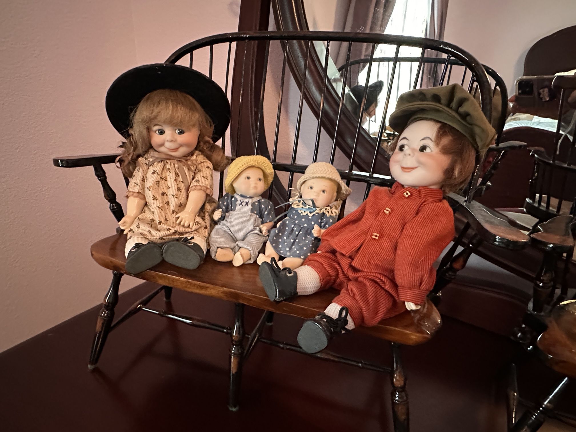Dolls And Miniature Chair And Bench