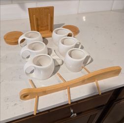 White Ceramic Mug Set with Bamboo Rack and Coasters