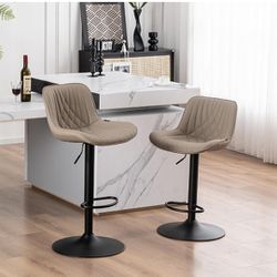 YOUTASTE Khaki Bar Stools Set of 2, Adjustable Swivel Modern Barstools Luxury Upholstered Faux Leather Bar Stool Counter Height Metal Chairs with Back