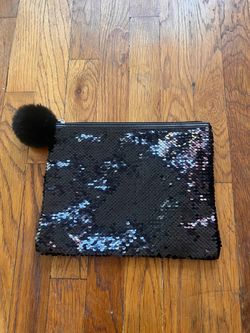 Black Sequin Pom Pom Makeup Cosmetic Bag Pouch