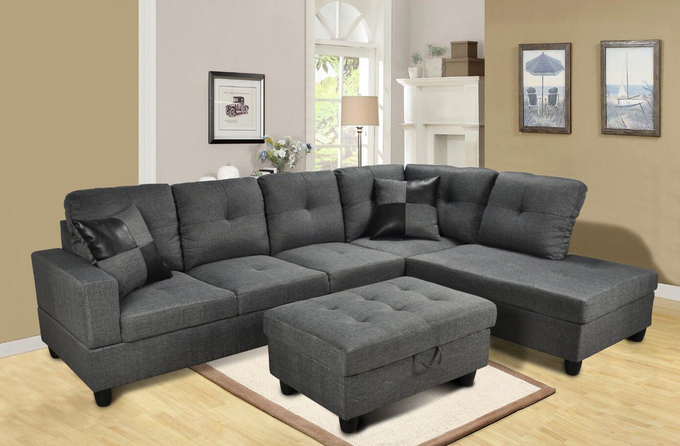 Grey sectional with ottoman and 2 pillows ( new)
