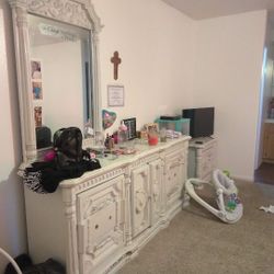 White Antique Dresser With Mirror And End Table $190 For Both 