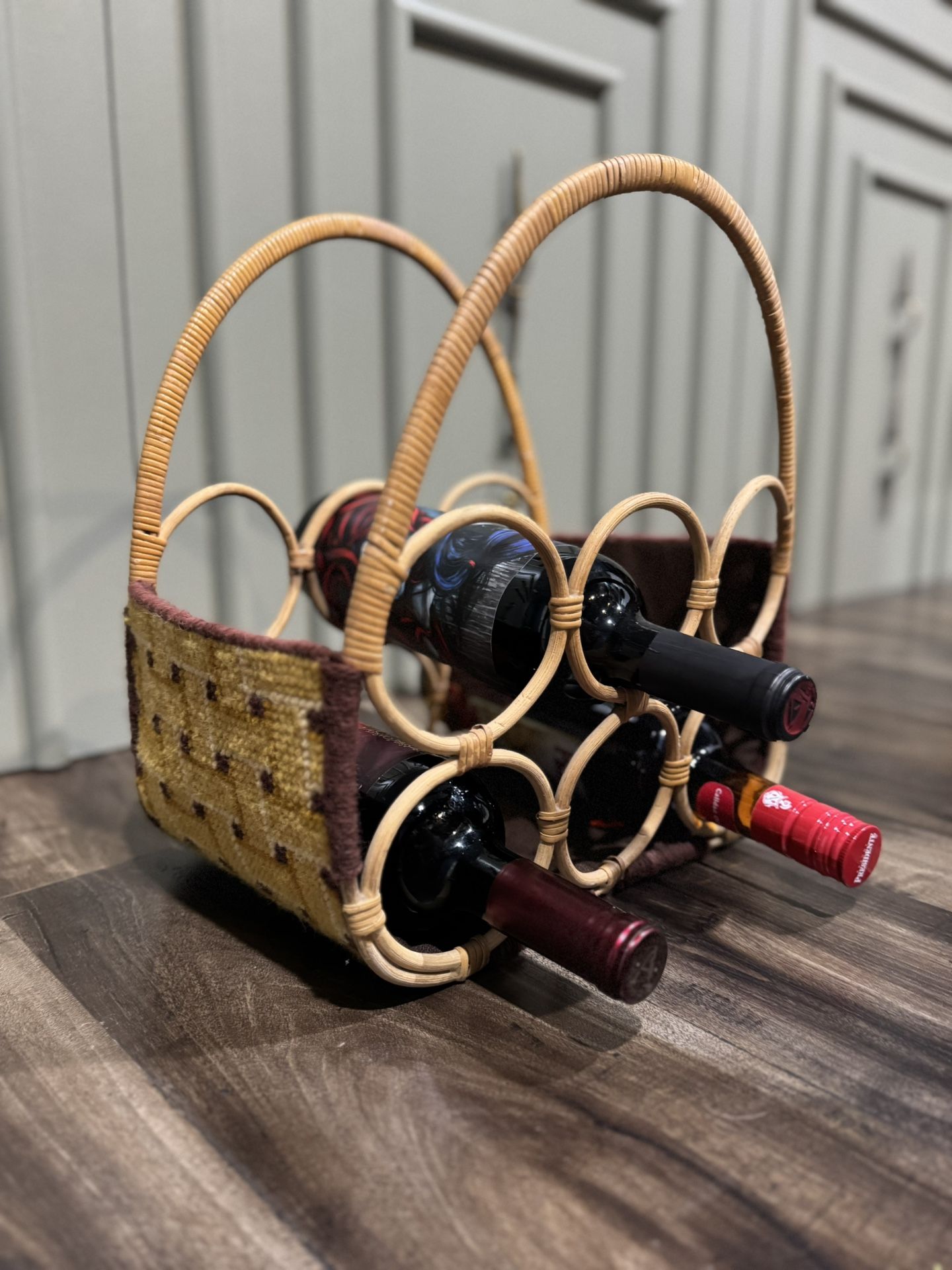 Vintage Bamboo & Needlepoint Wine Rack or Holder 1970's