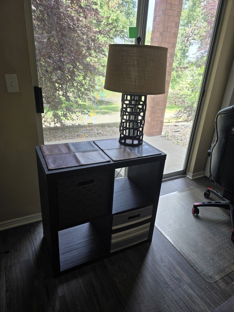 Dark Wood Cube Shelf w/ 2 Storage Bins, Placemats & Stylish Cage Lamp