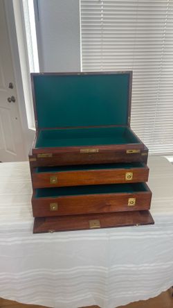 Antique wood machinist tool chest box  US NAVY engraved on drawers flare handles and locks been in my office for 25 years never seen one like it amazi
