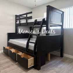 Solid Wood Twin/Full Bunk Bed With 3 Drawers And Memory Foam Mattresses $1,160