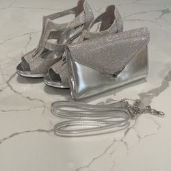 Glittery Silver Shoes And Handbag With Removable Strap