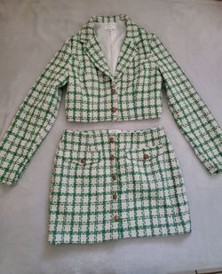Green White Tweed Cropped Blazer and Mini Skirt Set